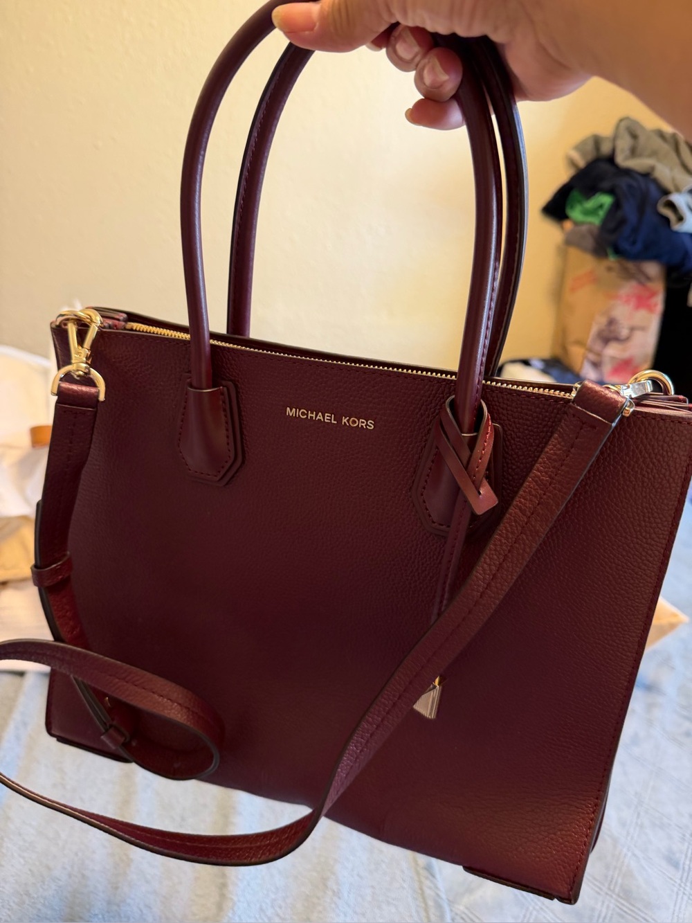 Michael Kors Burgundy Leather Satchel with Gold Hardware